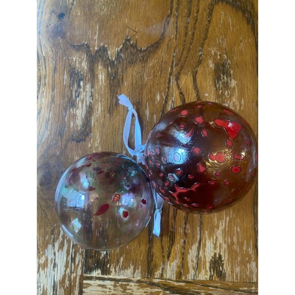 Hand Blown Glass Christmas Ornaments Large Red & Orange Bauble Set Of 2 - Picture 2 of 4